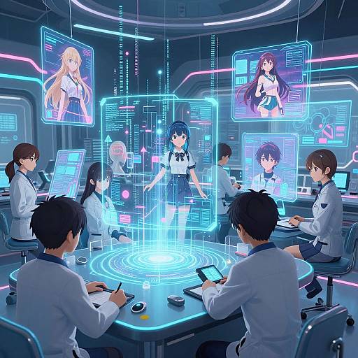 Digital anime artwork: Cybernetic lab with eight scientists in white lab coats, surrounded by holographic projections of five anime girls, glowing blue holographic
