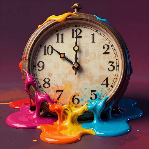 Photograph of a classic alarm clock with numbers 1-12, black hands, and colorful, dripping paint (pink, yellow, blue, orange