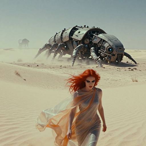 Digital artwork: Red-haired woman in flowing dress running from massive, robotic arachnid in a desert; bright sunlight, sand, and distant robotic silhouette