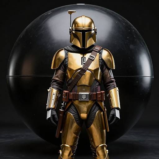 Photograph of a golden Mandalorian armor-clad figure with black gloves and belt, standing in front of a black, glowing sphere.