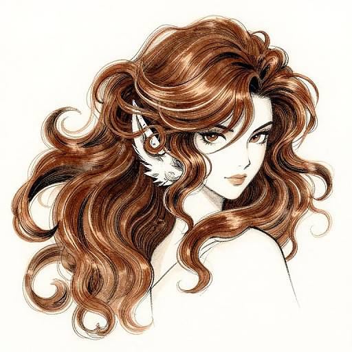 Digital anime-style drawing of a beautiful, long-haired woman with flowing, wavy brown hair, pointed elf ears, and a subtle smile. White background