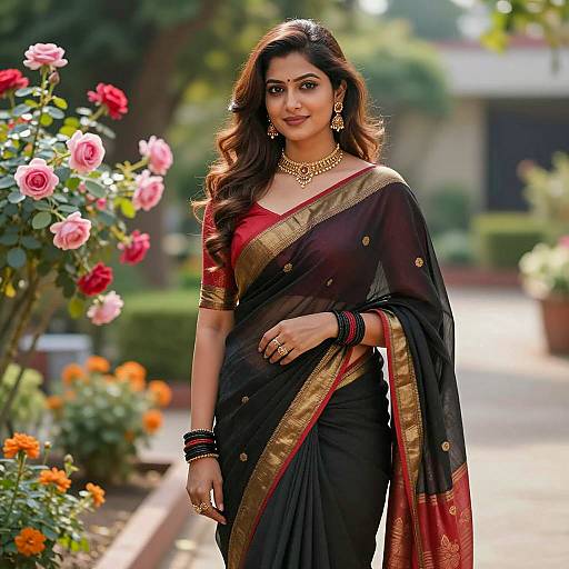 Indian Woman in Black and Red Saree in Garden
