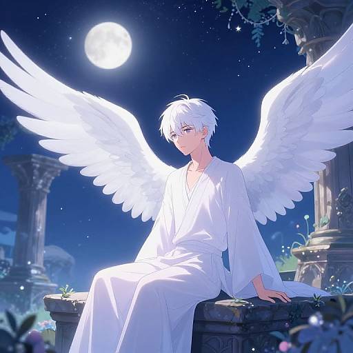 Anime-style digital illustration of a white-haired angel with large, glowing white wings, wearing a white robe, sitting on a stone ledge under a full moon