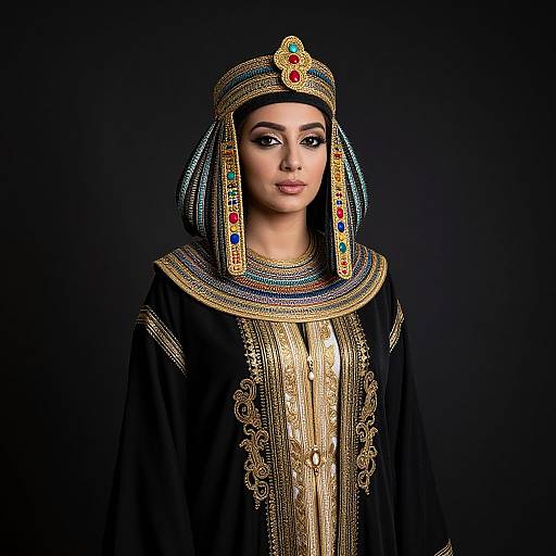 Photograph of a woman in ornate, ancient Egyptian-style attire with colorful beadwork, gold embroidery, and a jeweled headpiece against a black