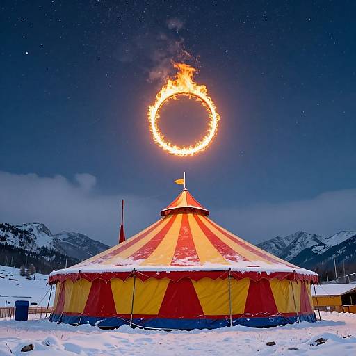 Photograph of a snowy circus tent with red and yellow stripes, featuring a flaming circular ring above it under a starry night sky with snow-covered mountains