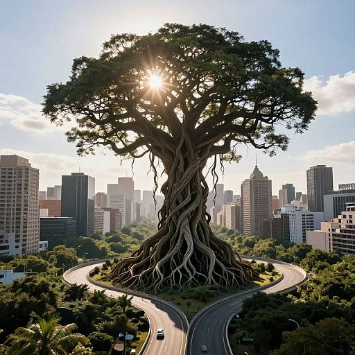 Digital artwork of a gigantic, sunlit tree with twisted trunk, centered in a cityscape, surrounded by skyscrapers, winding road, and green