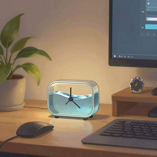 Photograph of a modern wooden desk with a glowing, rectangular blue clock, black mouse, potted plant, and a partially visible computer screen.