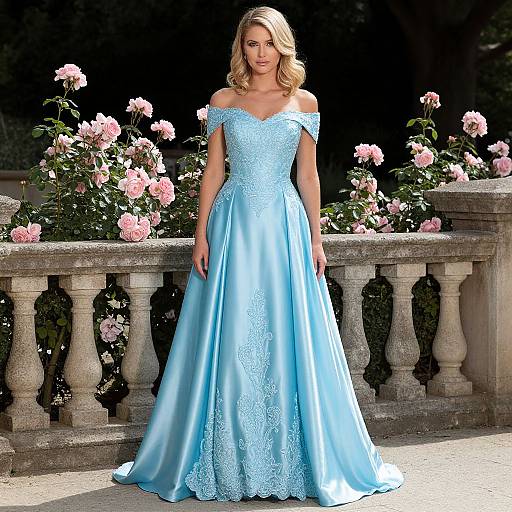 Photograph of a blonde woman in an off-shoulder, light blue satin gown with lace detailing, standing in a garden with pink roses and a