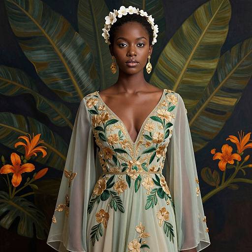 Elegant Woman in Floral Embroidered Gown