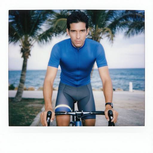Man in Blue Cycling Shirt by Beach