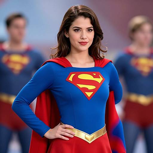 Photograph of a brunette woman in a blue Supergirl costume with red cape and yellow 