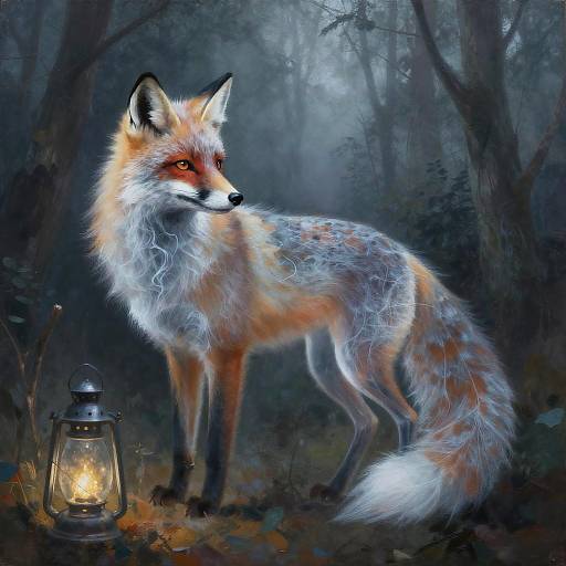 Digital painting of a red-eyed, orange and white fox with detailed fur, standing in a foggy forest beside a glowing lantern.