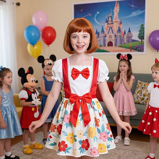 Photograph of a smiling red-haired girl in a white floral dress with red bow, standing in a room with Disney-themed balloons and castle painting, surrounded