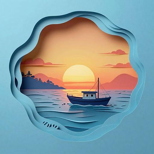 Digital illustration of a silhouetted fishing boat on calm waters, viewed through a blue, wave-like ice hole, with a vibrant orange and pink