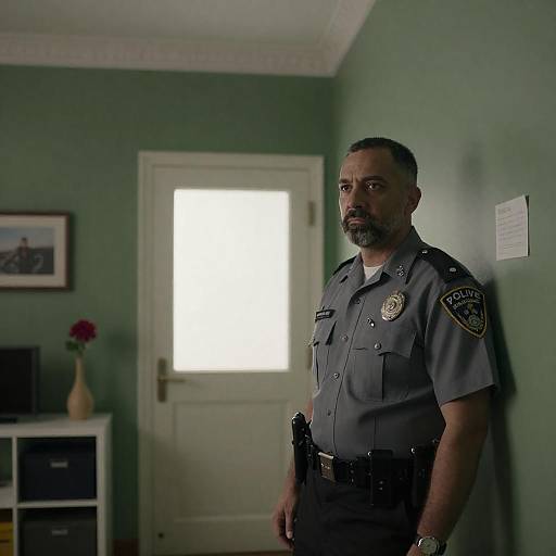 Serious Police Officer in Dim Room