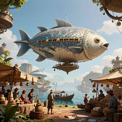 Colossal Fish Airship Over Floating Market