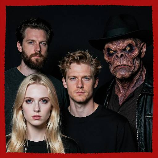 Portrait of Three People With Ured Monster Head