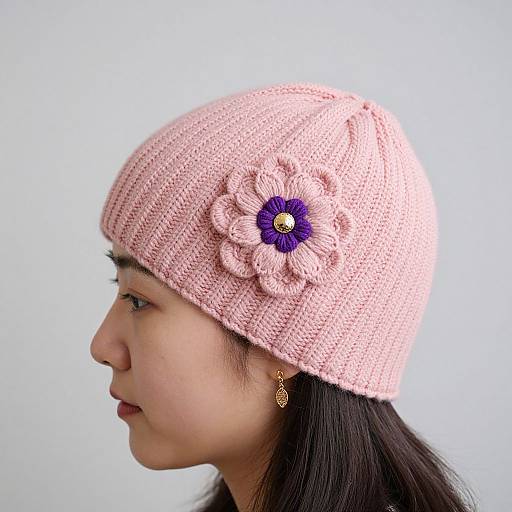 Photograph of an Asian woman in profile, wearing a pink knitted beanie with a purple flower embellishment, against a white background.