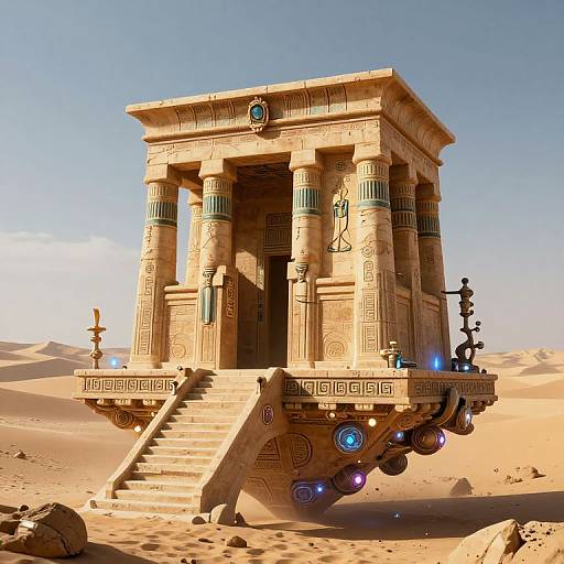CGI image of an ancient, Egyptian-style temple with glowing blue and purple accents, floating in a desert with sand dunes.