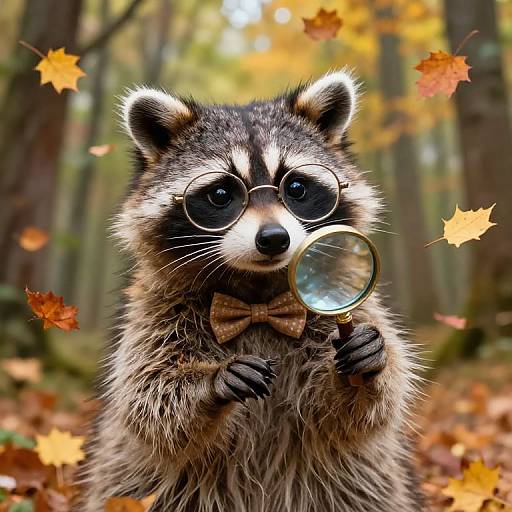 Photorealistic image of a raccoon with round glasses and a bowtie, holding a magnifying glass, surrounded by autumn leaves in a forest.