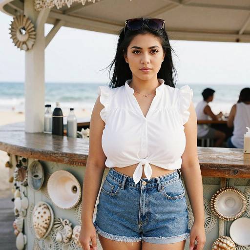 Photograph of a young woman with dark hair, wearing a tied white blouse and high-waisted denim shorts, standing at a seaside bar with se