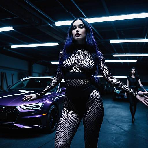 Androgynous Model in Fishnet Dress with Luxury Car