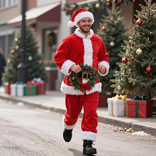 Man Running in Santa Claus Costume with Christmas Wreath