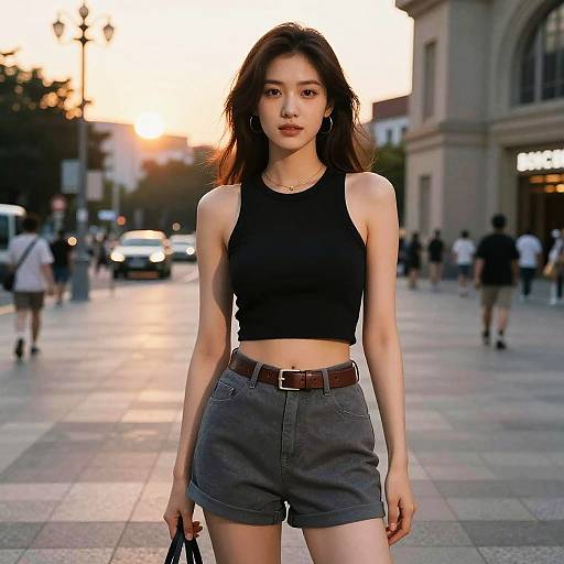 Asian woman with medium-length black hair, wearing a black crop top and gray high-waisted shorts, stands confidently in a city plaza at sunset.