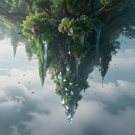 Digital artwork of a lush, tree-covered island reflected in a calm, misty lake with scattered birds and crystal-like formations.