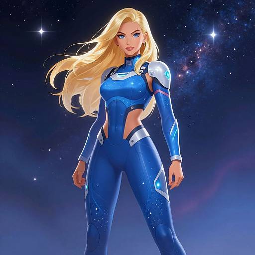 Digital art of a blonde, blue-eyed woman in a blue, form-fitting spaceship suit with silver armor, standing confidently against a starry space background