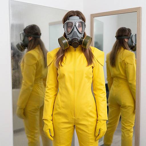 Photograph of a woman in a yellow hazmat suit and gas mask, standing in front of mirrors, reflecting her back. White room background.