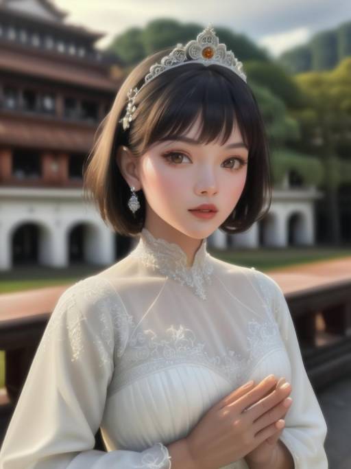 Asian Woman in White Dress with Tiara Outdoors