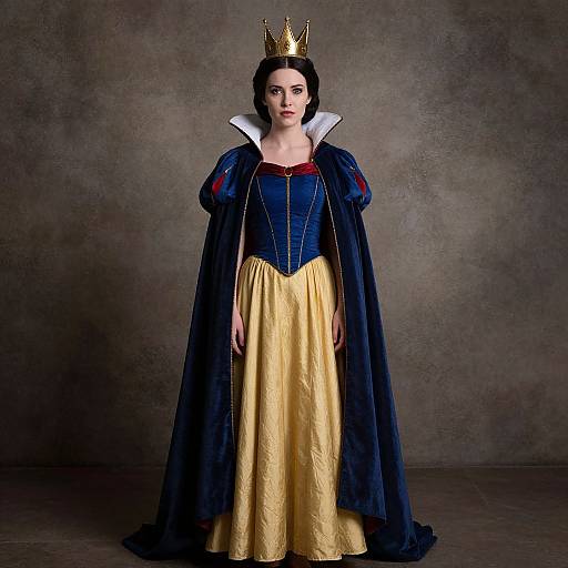 Photograph of a fair-skinned woman with dark hair, wearing a blue and gold Disney Snow White costume, crown, and dark cape, standing against