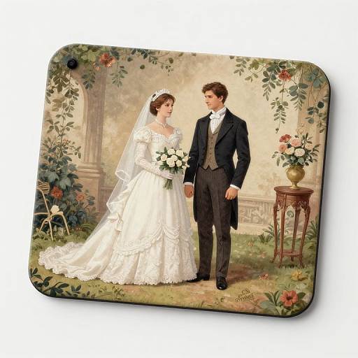 Digital painting of a bride in a white lace gown and veil, holding a bouquet, and a groom in a black suit, standing in a romantic garden