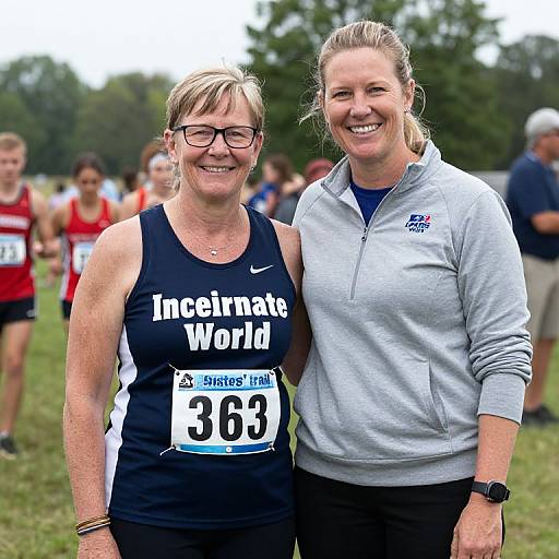 Photograph of two smiling middle-aged women at a race; one in a black 