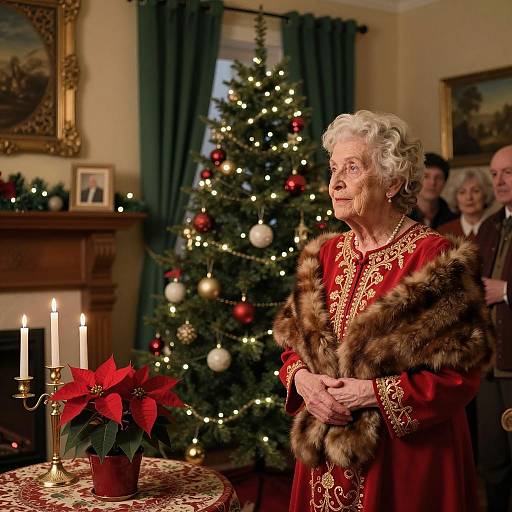 Elderly Woman by Christmas Tree in Festive Attire