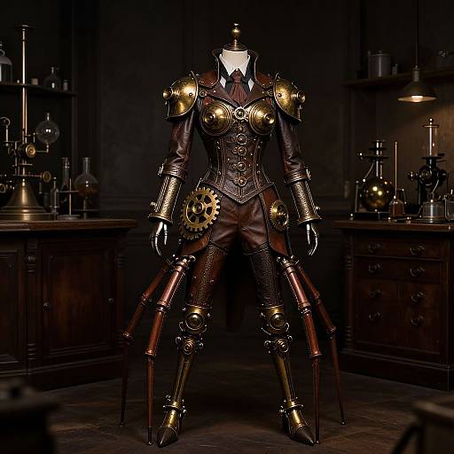 Photorealistic CGI of a faceless, armored, steampunk figure with brass gears, leather corset, and metallic legs in a dimly