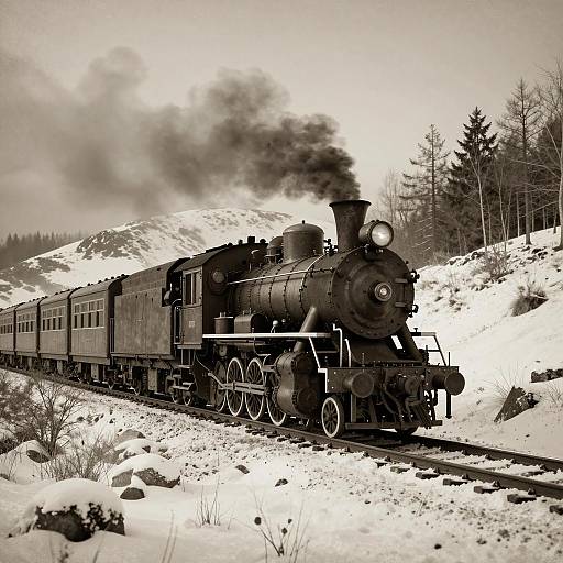 Vintage Steam Train in Snowy Winter Landscape