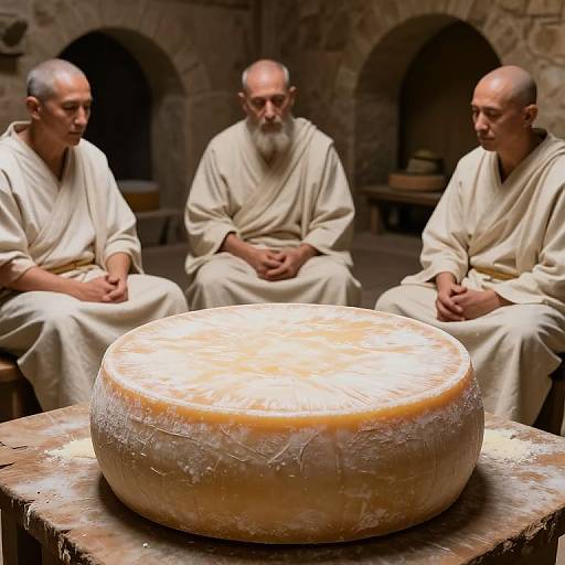 Three older men in white robes sit in a stone-walled room, intently looking at a large, round, waxed cheese on a wooden table