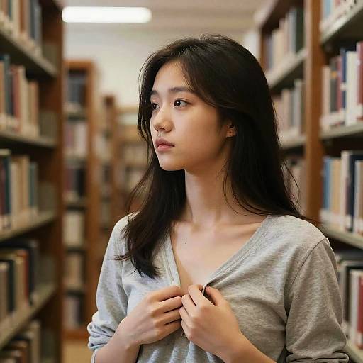 Young Woman in Library with Open Clothing