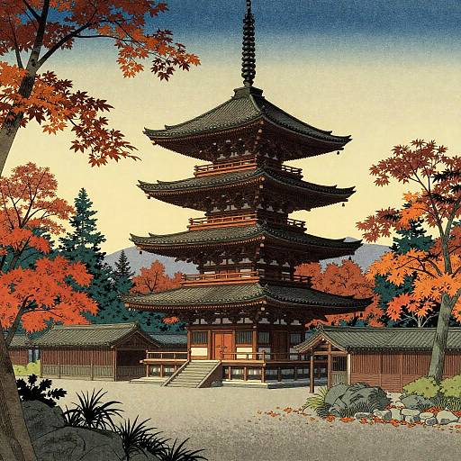 Ukiyo-e Style Autumn Pagoda Illustration