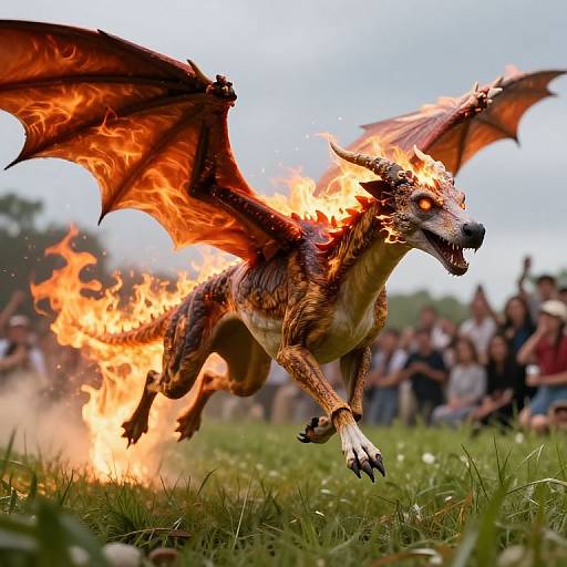 Photograph of a fiery, dragon-like creature with glowing orange eyes and burning wings mid-leap, surrounded by a blurred crowd in a grassy field
