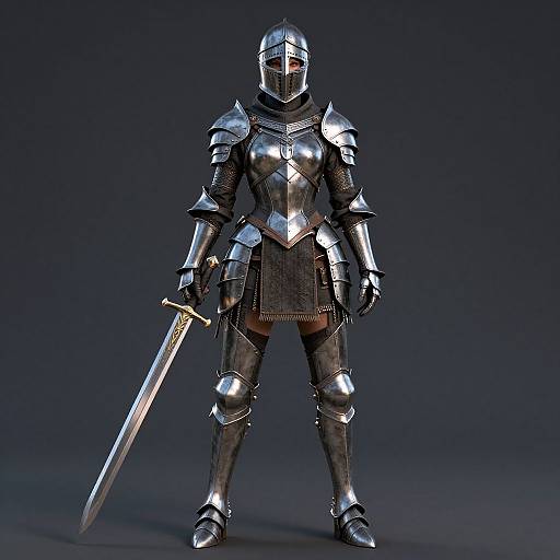 CGI medieval knight in shining silver armor, holding a sword, standing confidently against a dark blue gradient background. Realistic, detailed textures.