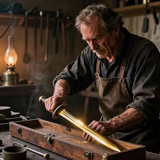 Photograph of an elderly, bearded blacksmith with graying hair, wearing a dark apron, forging a glowing yellow blade in a dimly