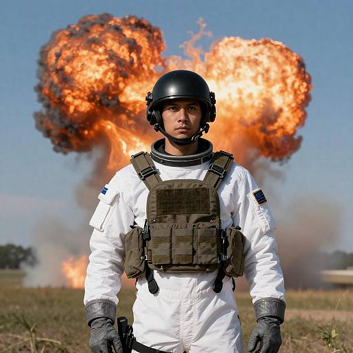 Soldier in White Spacesuit Amid Explosion