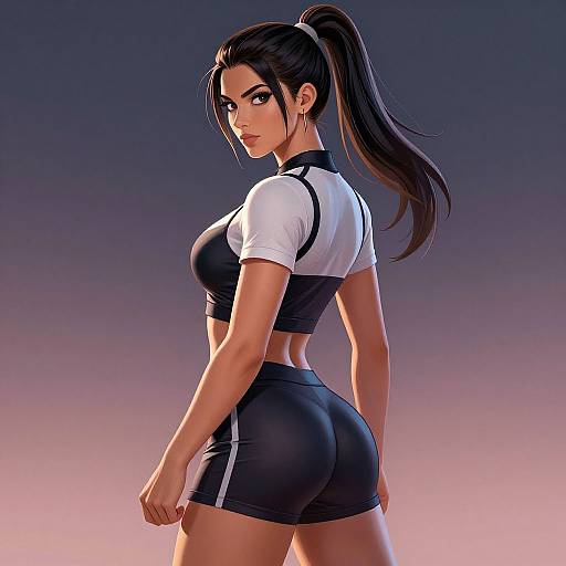 Digital art of a fit, dark-haired woman with a high ponytail, wearing a white and black sports crop top and shorts, looking over her shoulder