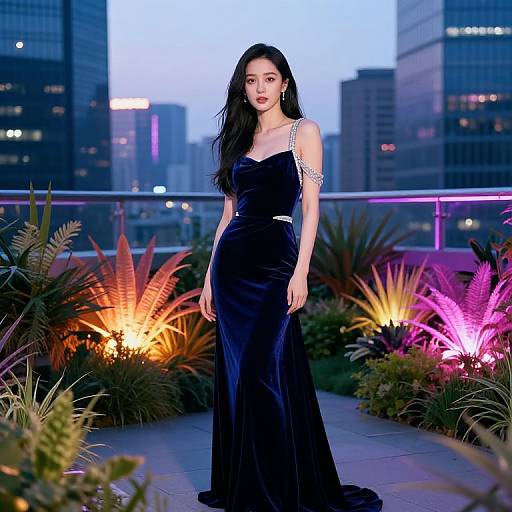 Photograph of a slim, long-haired Asian woman in a dark blue velvet evening gown with silver embellishments, standing on a rooftop garden at twilight,