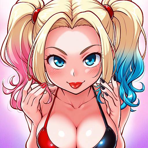 Illustration of Harley quinn, dc comics in the style of Kutone shirika