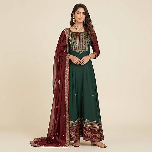 Photograph of a South Asian woman in a dark green traditional kameez with maroon dupatta, adorned with gold embroidery, standing against a plain