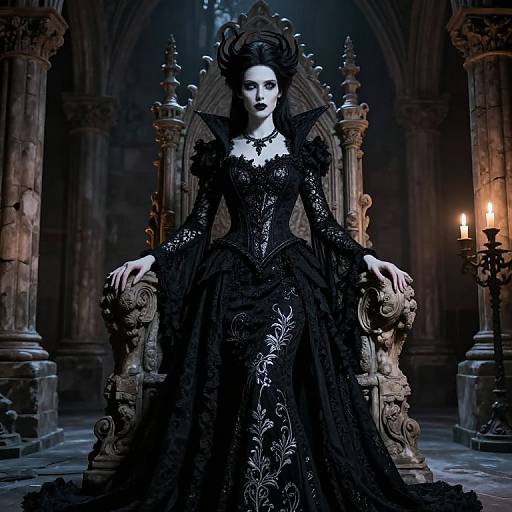 Gothic vampire queen in elaborate black lace gown, sitting on ornate throne in dark, candlelit cathedral; eerie, mysterious atmosphere.